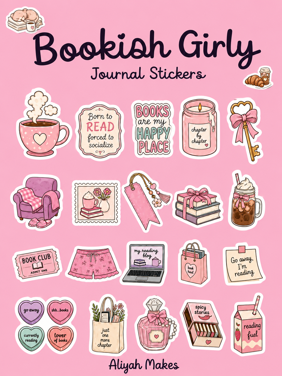 Bookish Girly Journal Stickers | Kiss-Cut Sticker Sheet