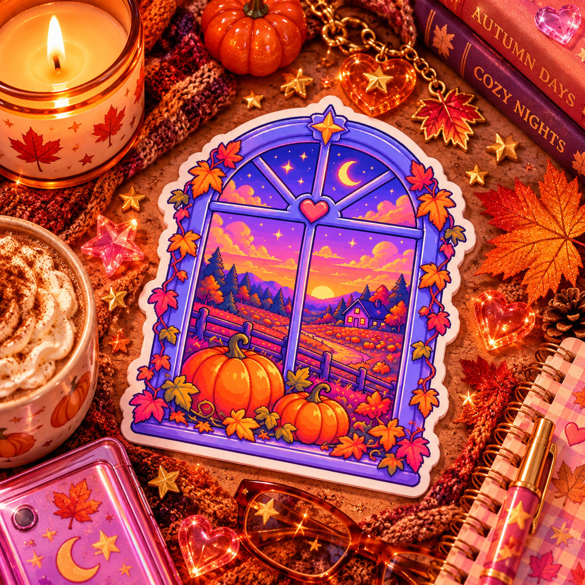 Autumn Views die-cut sticker of a cozy window with drifting fall leaves on a warm autumn flat-lay