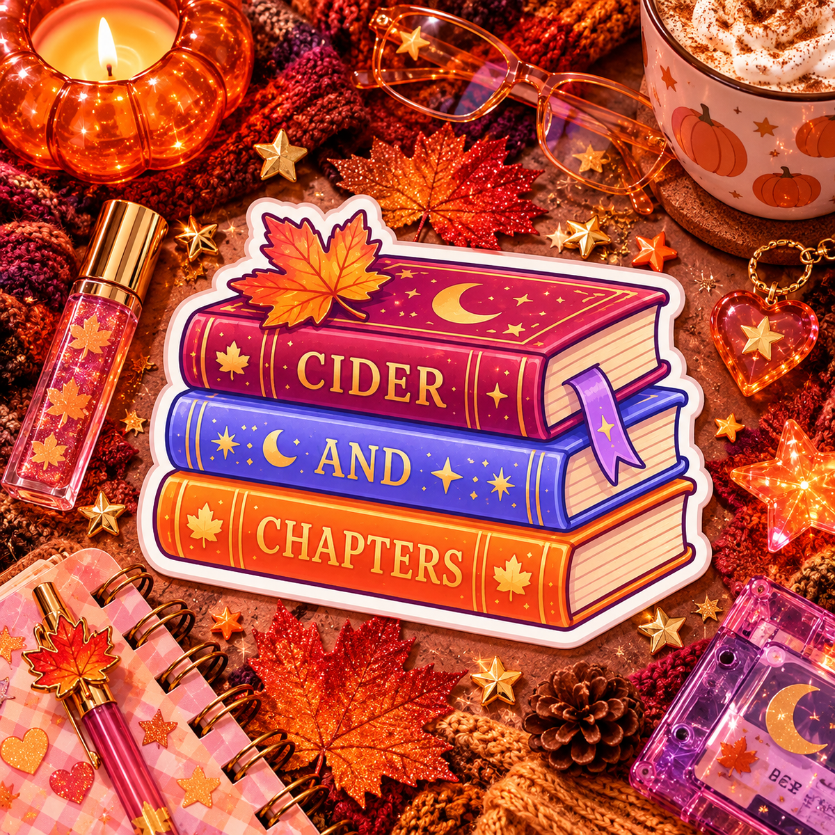 Cider and Chapters die-cut sticker of a cider mug beside an open book on a cozy fall flat-lay