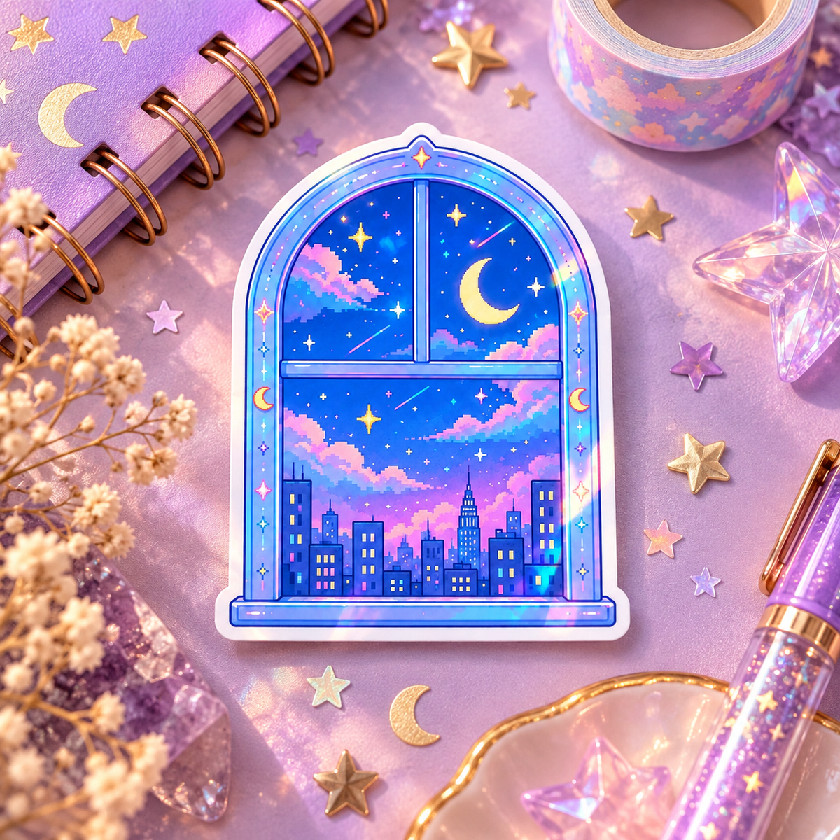 Celestial Night holographic die-cut sticker of a dreamy pastel night sky with stars
