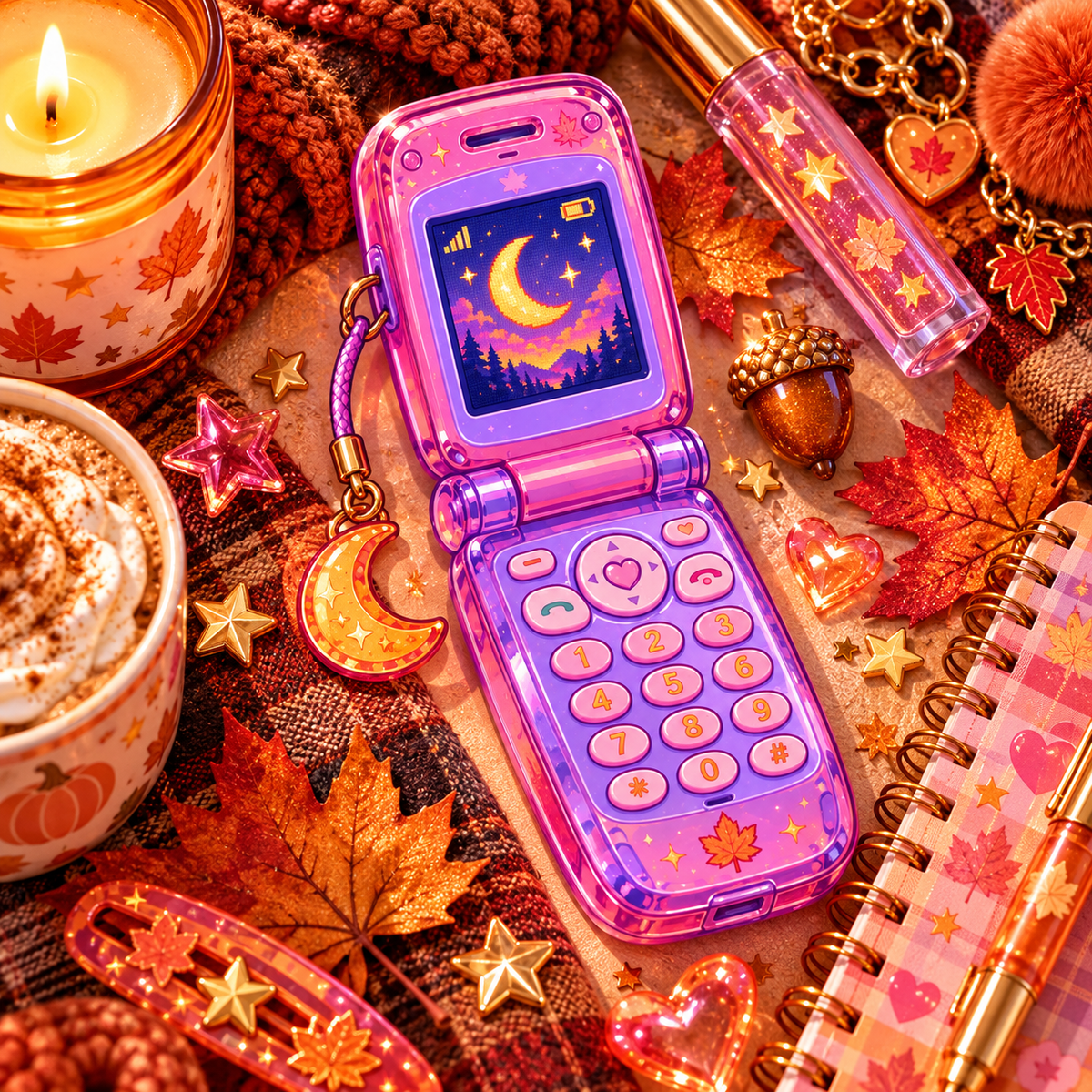 Glitter Flip Phone die-cut sticker of a sparkly Y2K flip phone in warm autumn colors