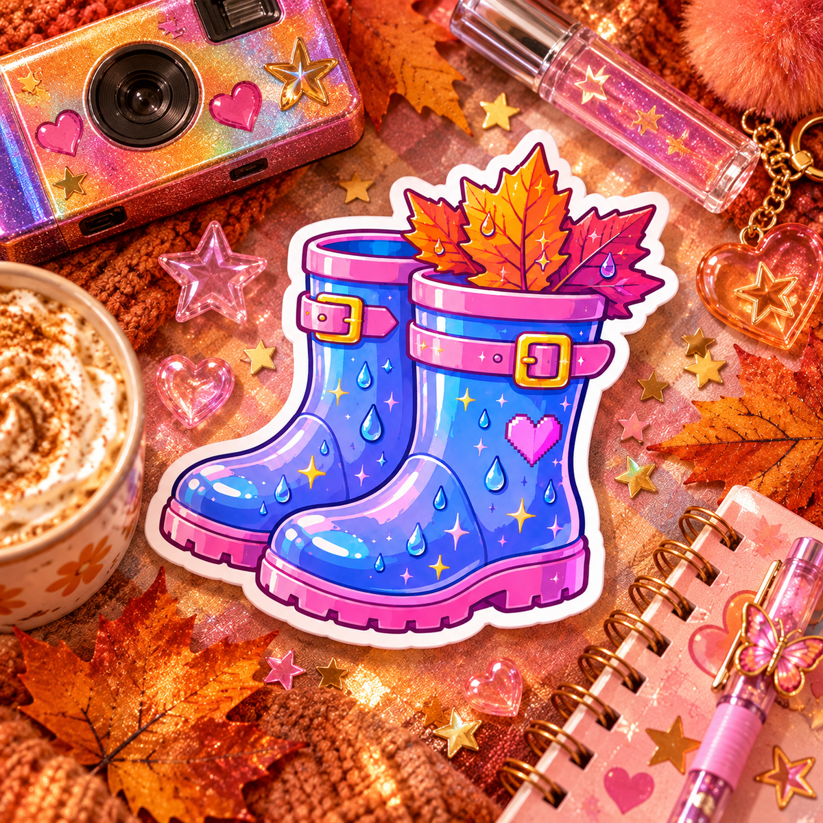 Glitter Rainboots die-cut sticker of sparkly Y2K rain boots in warm autumn colors