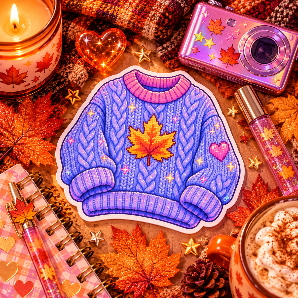 Autumn Sweater die-cut sticker of a sparkly oversized knit sweater in warm fall colors