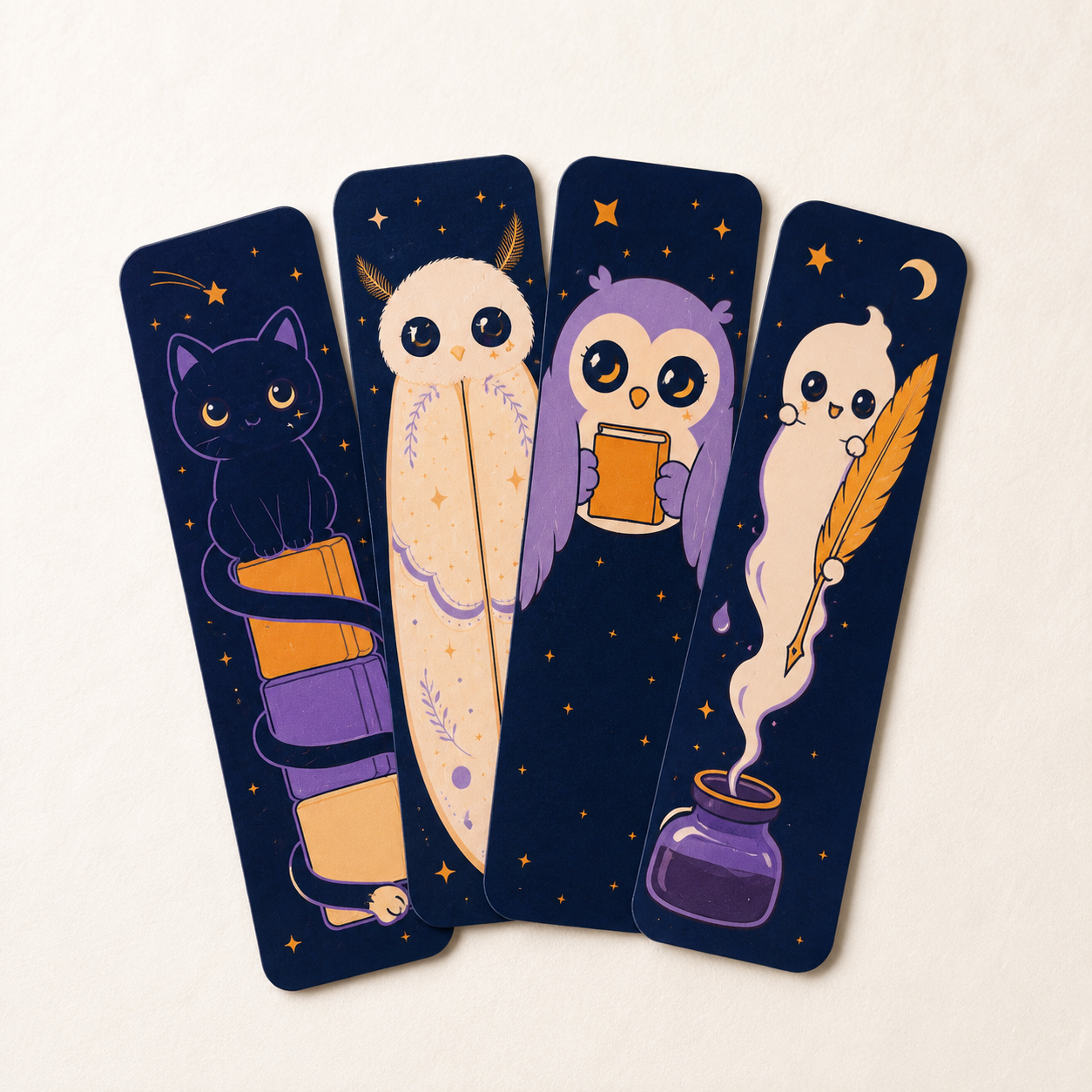 Ink & Starlight Bookmark Set | Kawaii Night Library Bookmarks Set of 4