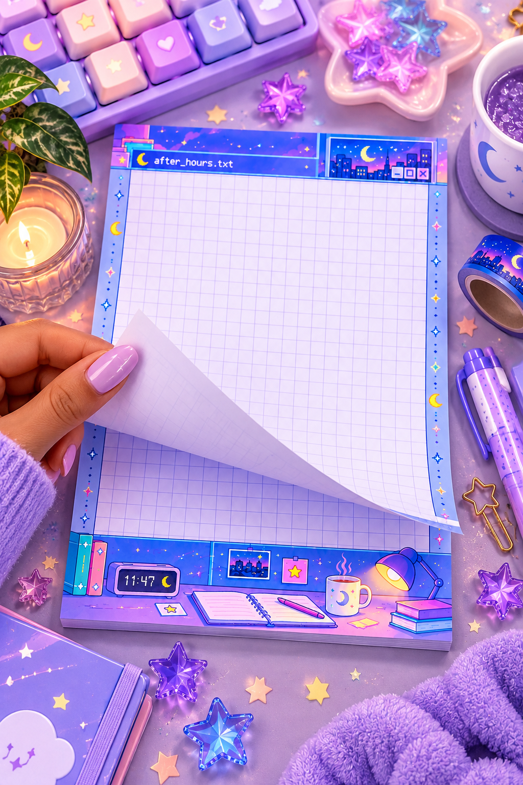 After Hours Dreamy 4x6 notepad with a soft starlit night-desk design on a dreamy stationery flat-lay