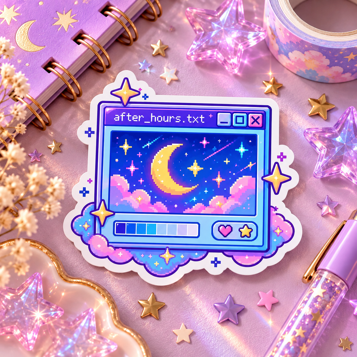 After Hours Pixel holographic die-cut sticker of a Y2K pixel-art night desk with stardust