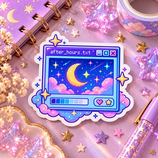 After Hours Pixel holographic die-cut sticker of a Y2K pixel-art night desk with stardust