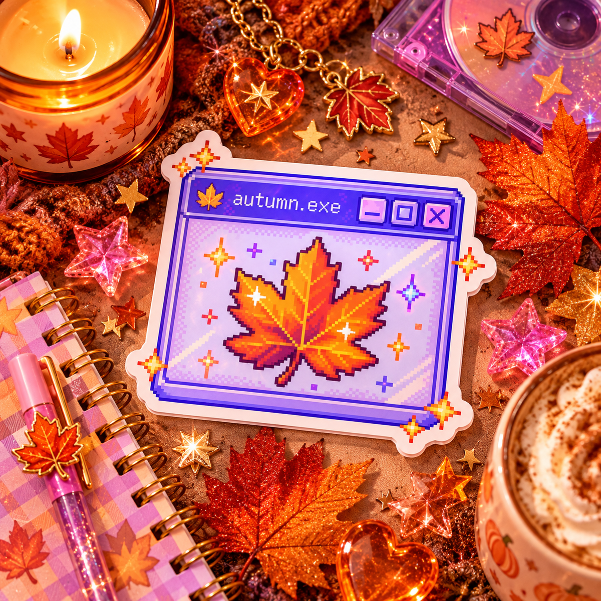Autumn.exe die-cut sticker of a glittery Y2K retro computer window filled with fall scenery