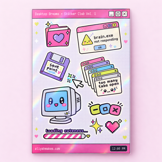 Desktop Dreams holographic sticker sheet with kawaii Y2K computer monitor, floppy disk and pop-up window stickers