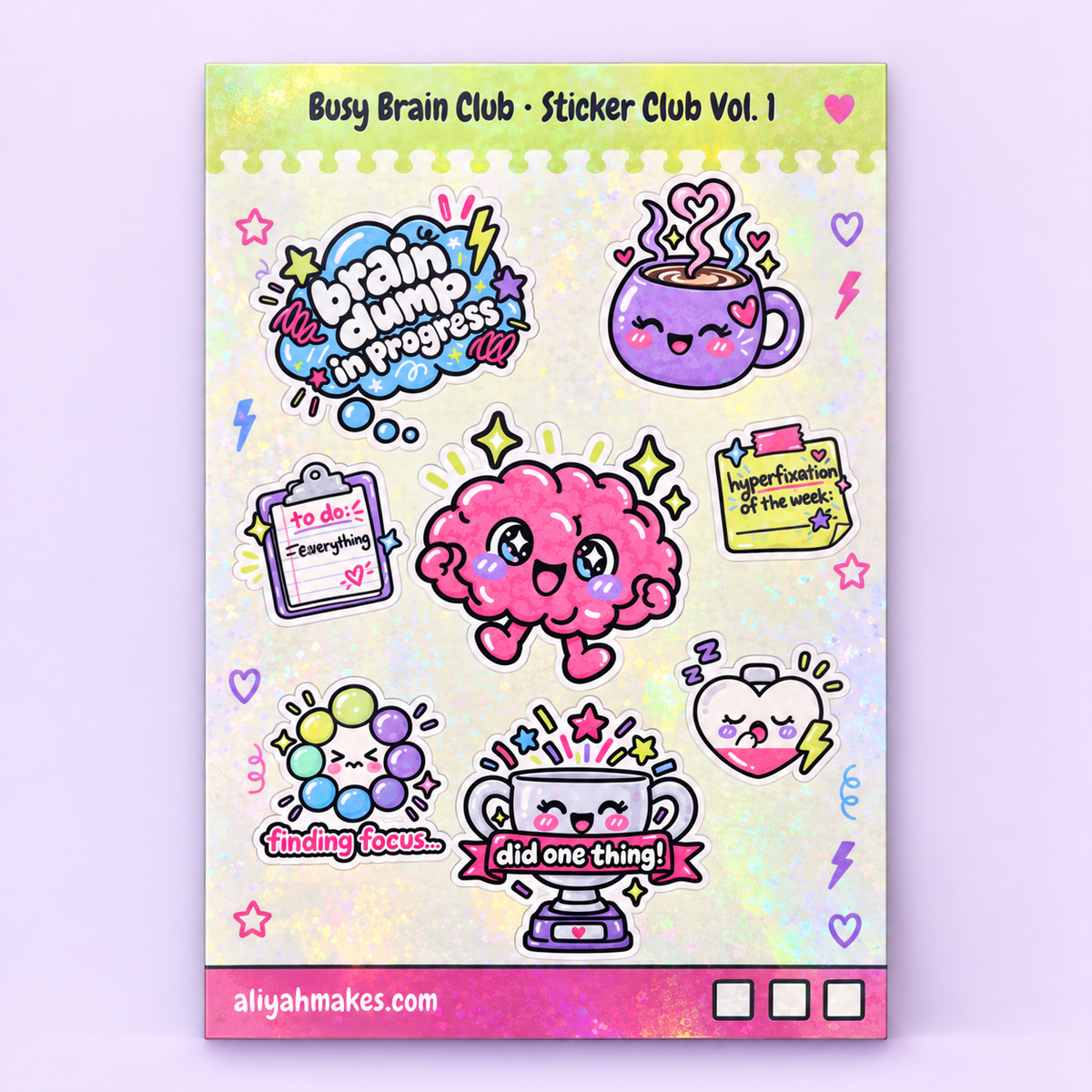Busy Brain Club holographic sticker sheet with pink kawaii brain mascot, coffee mug, sticky note and badge stickers