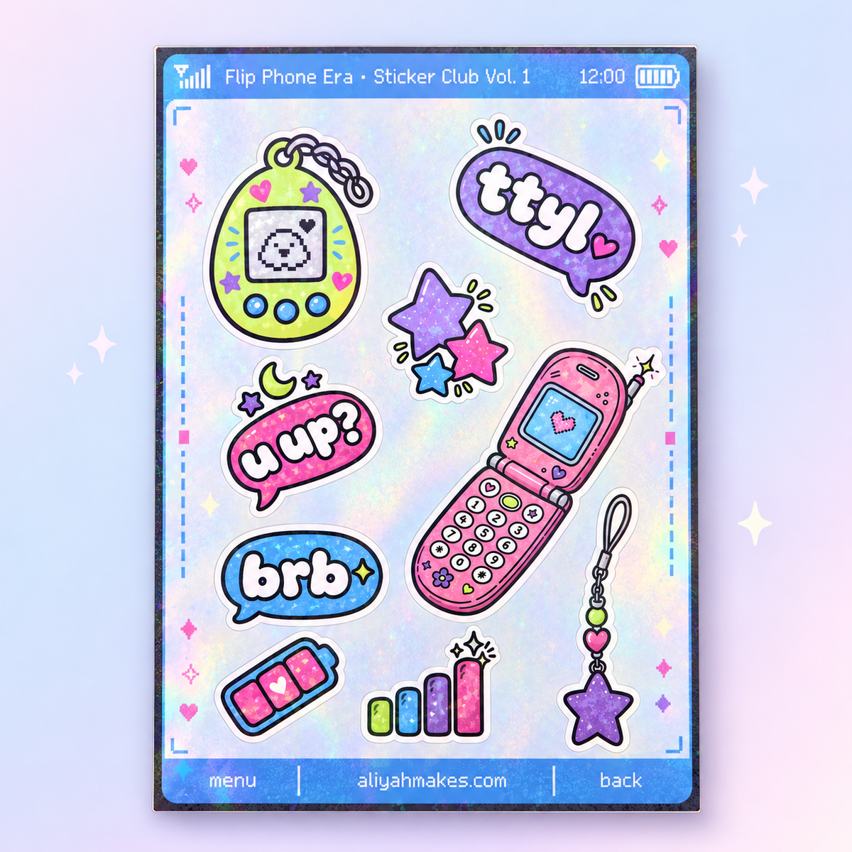 Flip Phone Era holographic sticker sheet with glittery Y2K flip phone, pixel pet and chat-speak bubble stickers