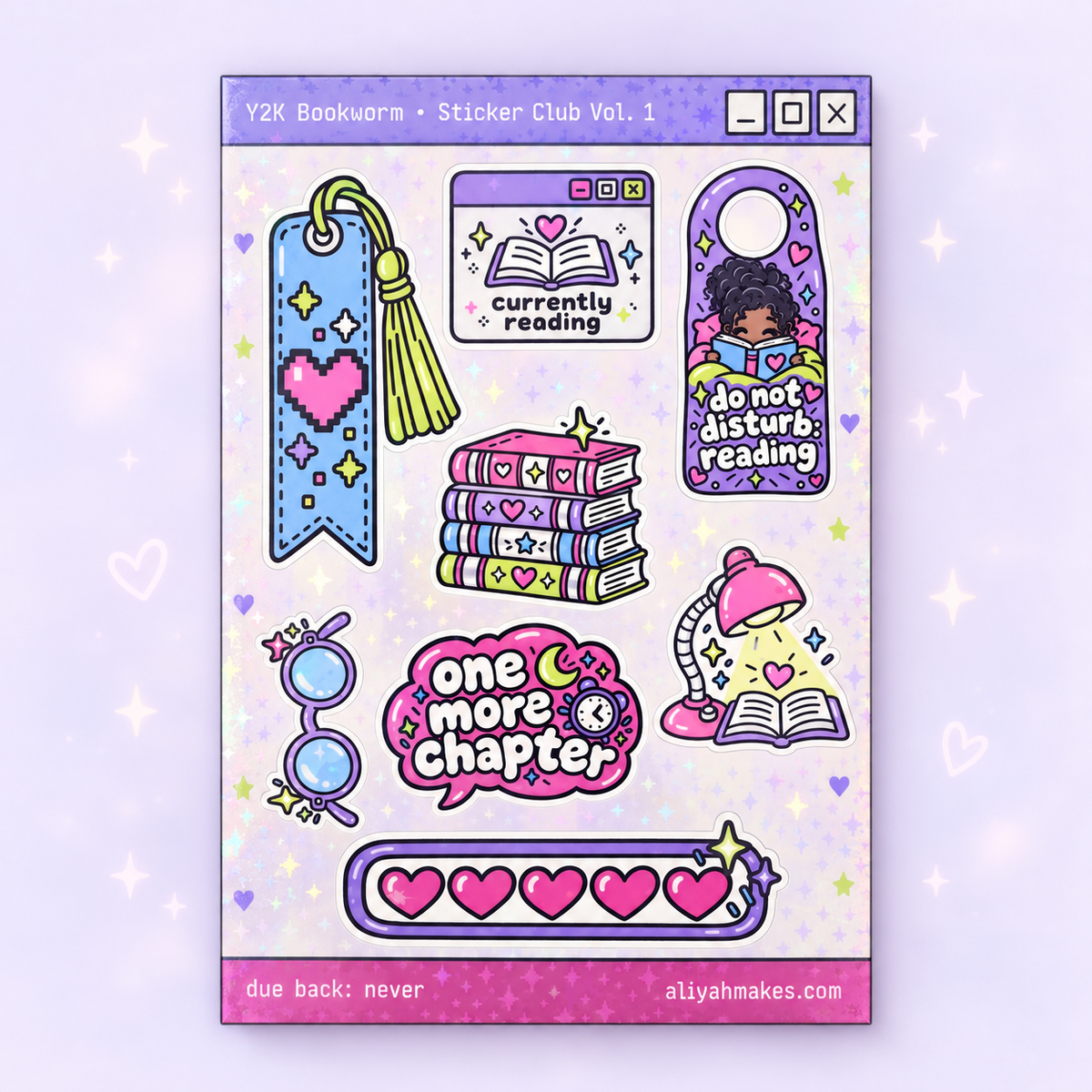Y2K Bookworm holographic sticker sheet with book stack, bookmark tassel and sparkly bubble-letter reading stickers