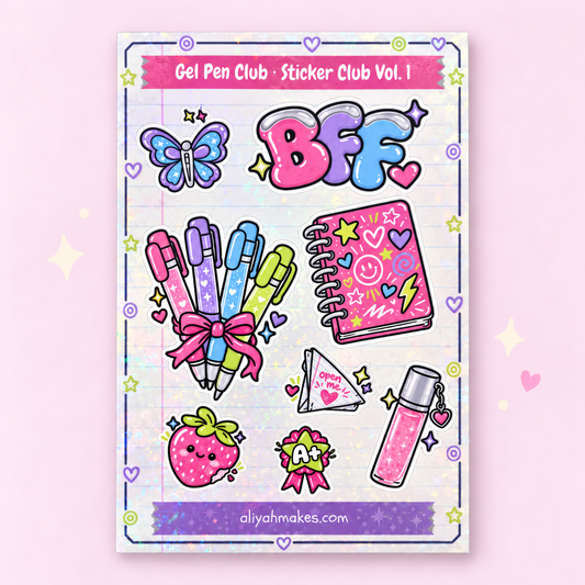 Gel Pen Club holographic sticker sheet with milky gel pen, BFF bubble letter and glitter Y2K stickers
