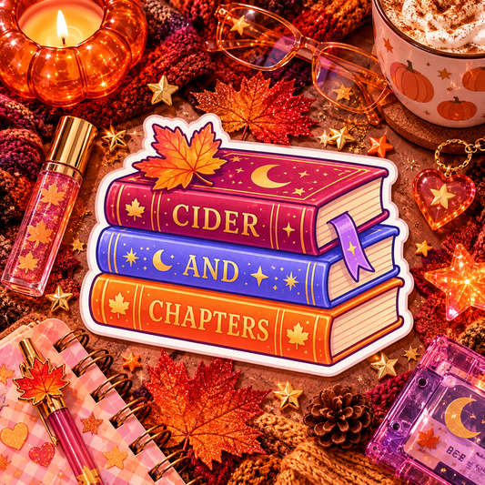 Cider and Chapters die-cut sticker of a cider mug beside an open book on a cozy fall flat-lay