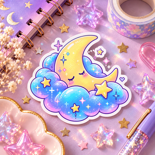 Celestial Moon holographic die-cut sticker of a pastel crescent moon with sparkles