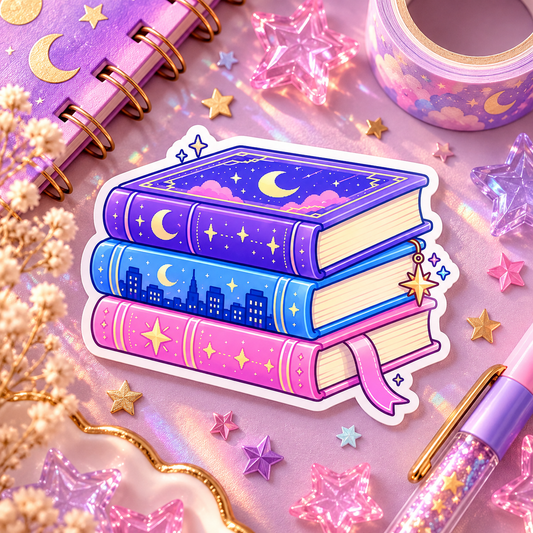 Celestial Books holographic die-cut sticker of a pastel storybook stack with stars, shown on a dreamy desk flat-lay