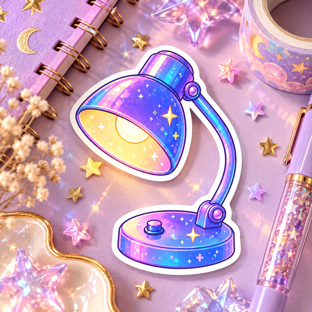 Galaxy Lamp holographic die-cut sticker of a glowing pastel galaxy lamp on a dreamy stationery flat-lay