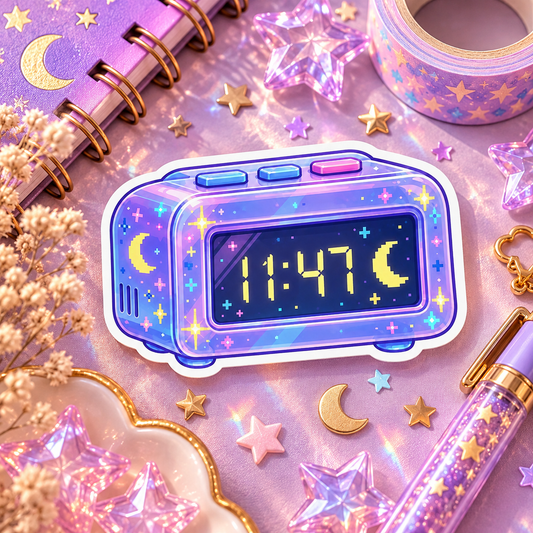 Kawaii Alarm Clock holographic die-cut sticker of a glittery pastel alarm clock with a sleepy face