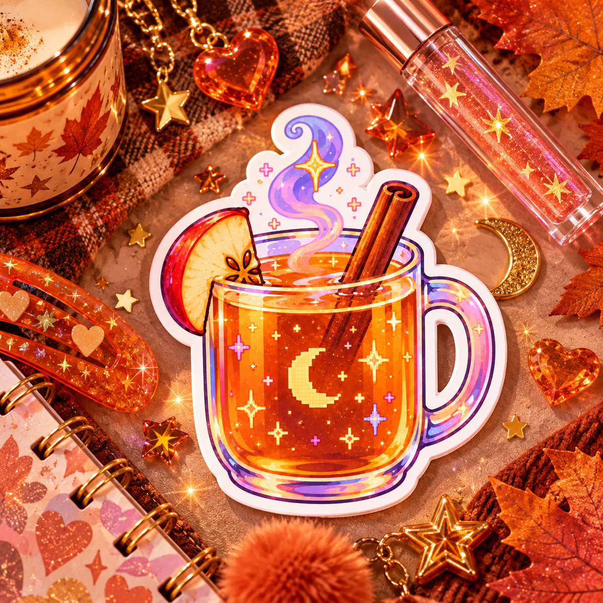 Apple Cider die-cut sticker of a glittery mug of warm apple cider on a cozy fall flat-lay