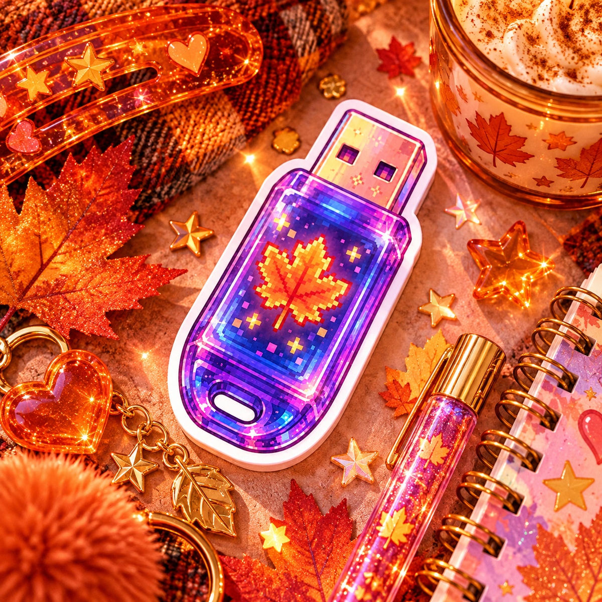Glitter USB die-cut sticker of a sparkly Y2K USB drive on a warm autumn desk flat-lay