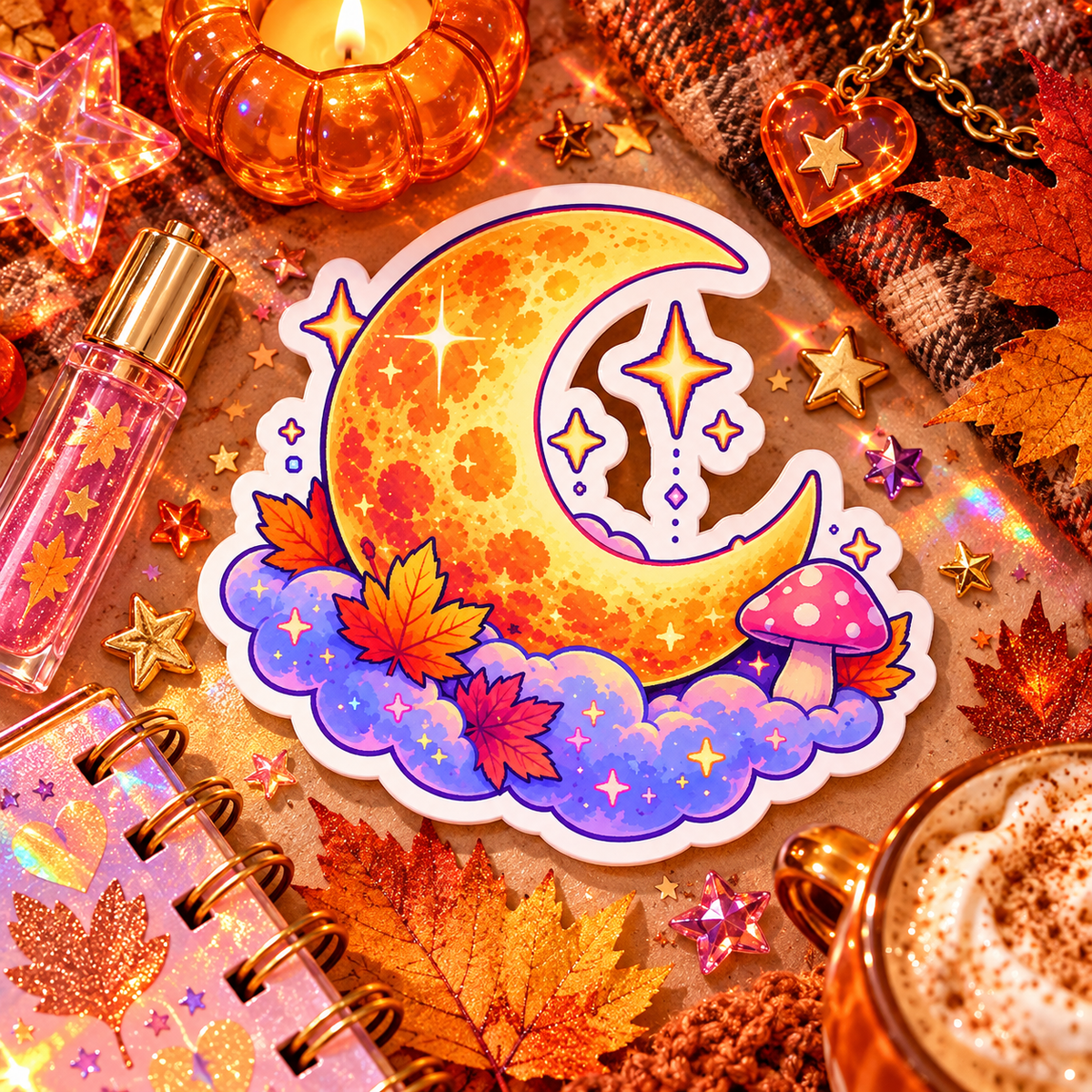 Autumn Moonlight die-cut sticker of a dreamy moonlit fall night scene in soft colors