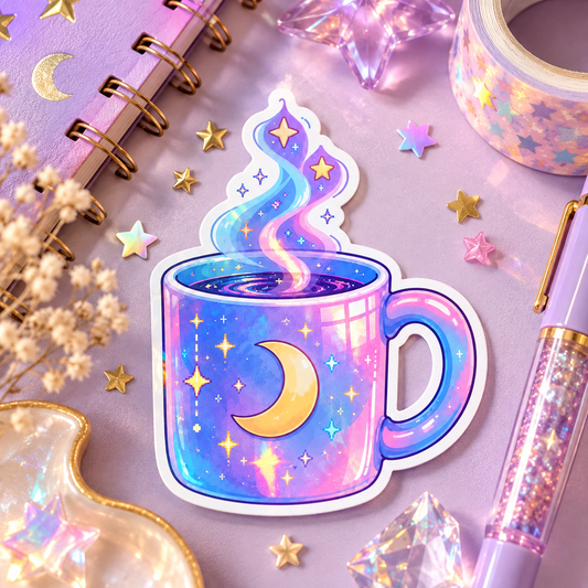 Galaxy Mug holographic die-cut sticker of a kawaii mug filled with a pastel galaxy swirl