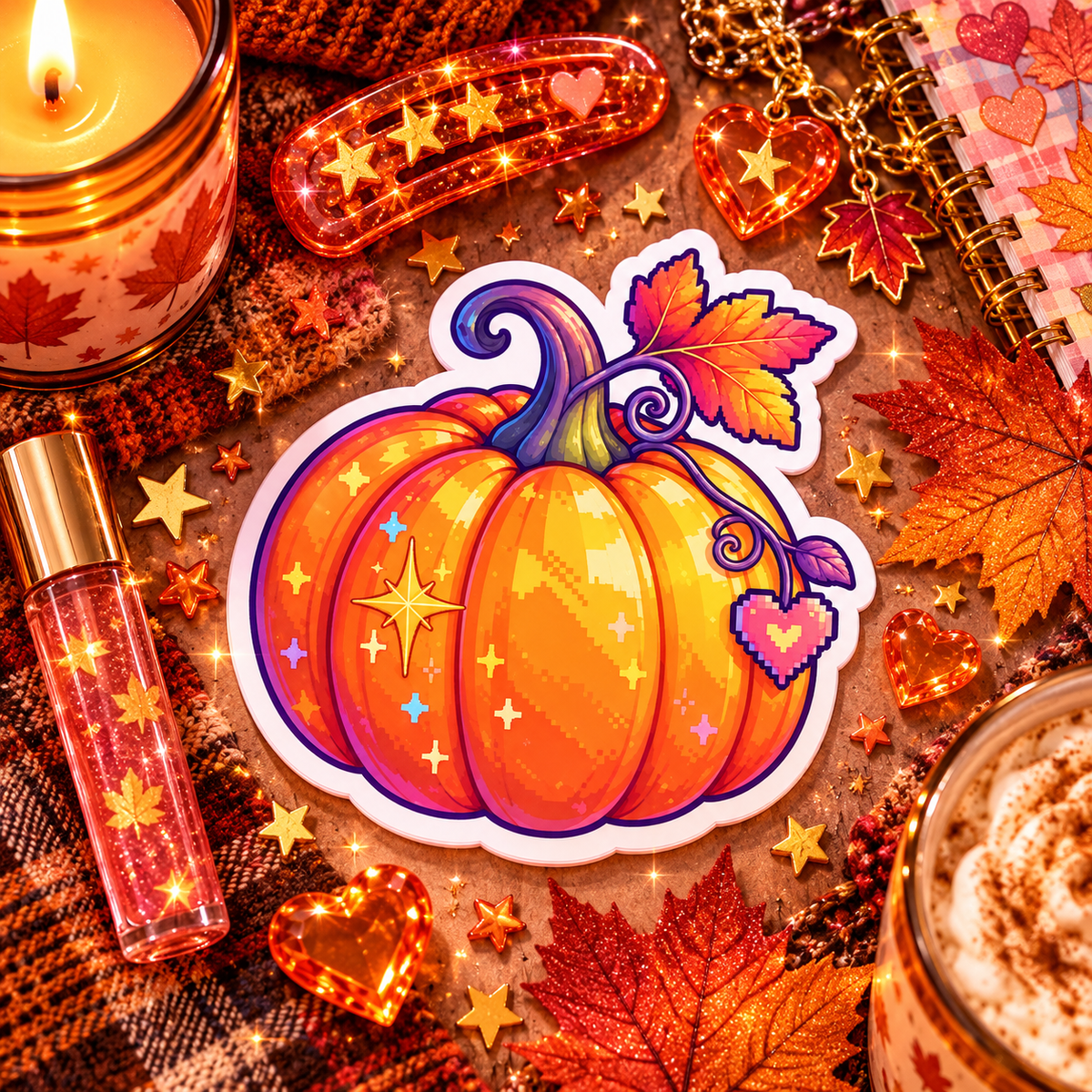 Kawaii Pumpkin die-cut sticker of a glittery pastel pumpkin with a smiling face