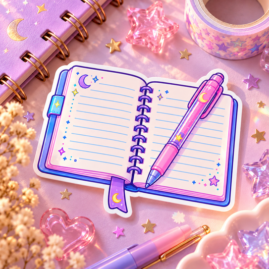 Kawaii Notebook holographic die-cut sticker of a sparkly pastel notebook on a stationery flat-lay