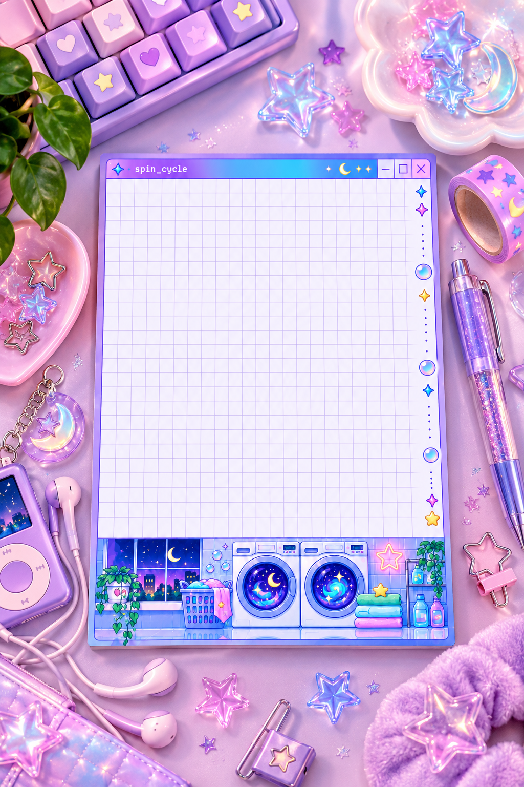 Spin Cycle 4x6 notepad with a soft aesthetic laundry-day scene on a kawaii desk flat-lay