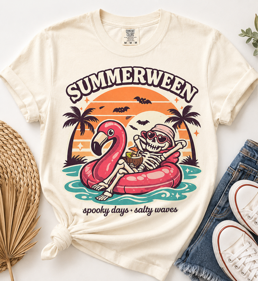 Flamingo Float Skeleton Shirt | Summerween Retro Beach Tee