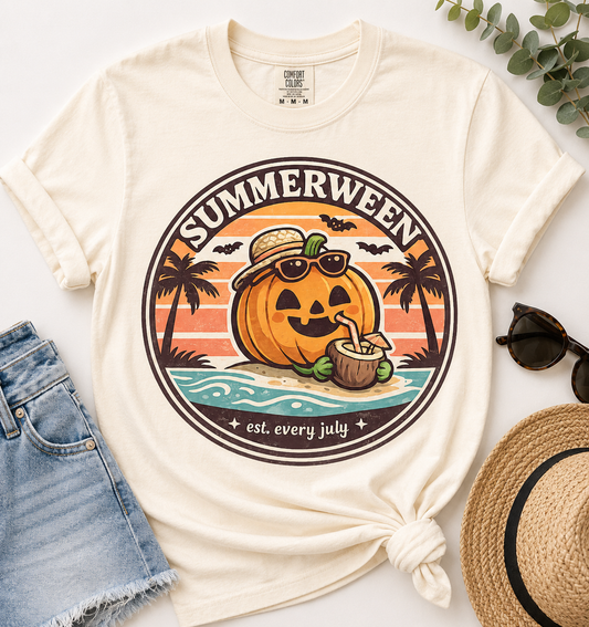 Vacation Pumpkin Shirt | Summerween Retro Badge Tee